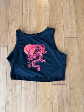 Black Cropped Tank Top with Red Dragon Graphic